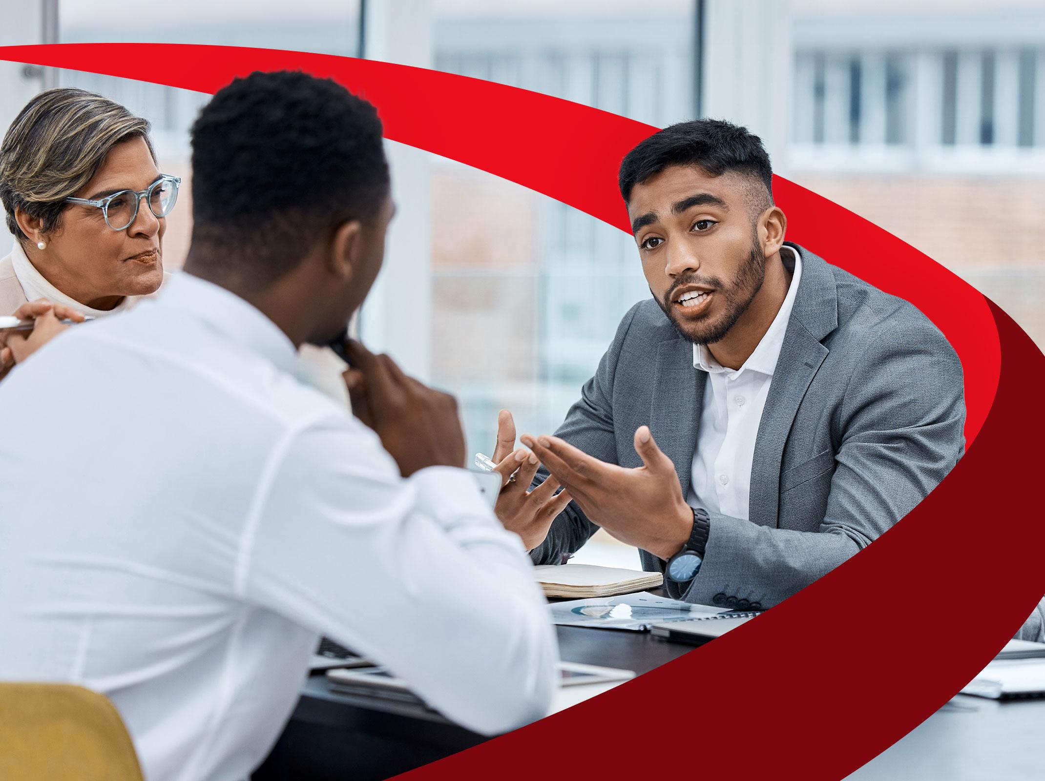 Business professional using communication skills to persuade, motivate and influence a team