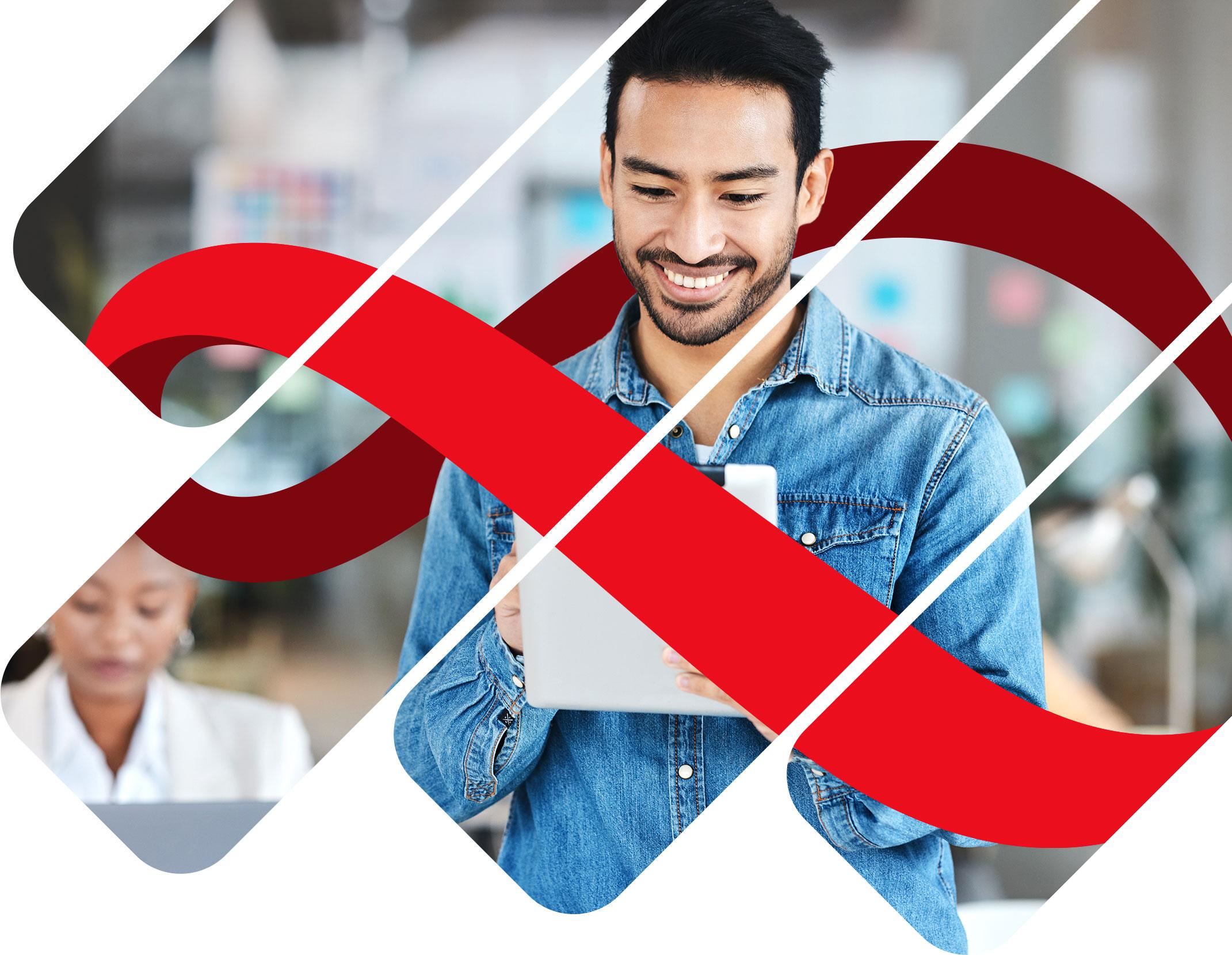 Man training on a tablet computer in an office